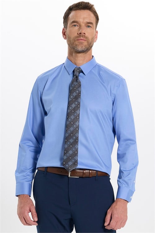 Erkek Slim Fit Dar Kesim Non-Iron Uzun Kollu Kravatlık Yaka Pamuklu Mavi Gömlek