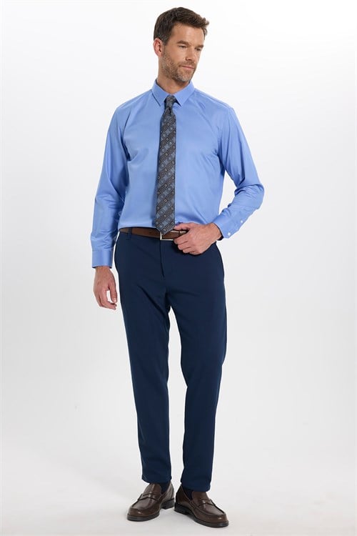 Erkek Slim Fit Dar Kesim Non-Iron Uzun Kollu Kravatlık Yaka Pamuklu Mavi Gömlek