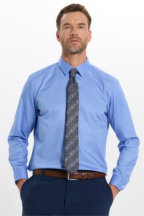 Erkek Slim Fit Dar Kesim Non-Iron Uzun Kollu Kravatlık Yaka Pamuklu Mavi Gömlek