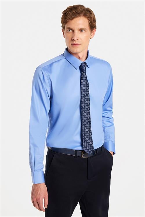 Erkek Slim Fit Non-Iron Pamuklu Ütü Gerektirmez Mavi Gömlek