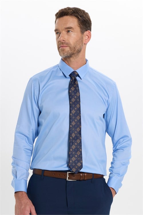 Erkek Slim Fit Dar Kesim Non-Iron Uzun Kollu Kravatlık Yaka Pamuklu Açık Mavi Gömlek