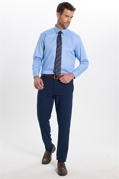 Erkek Slim Fit Dar Kesim Non-Iron Uzun Kollu Kravatlık Yaka Pamuklu Açık Mavi Gömlek