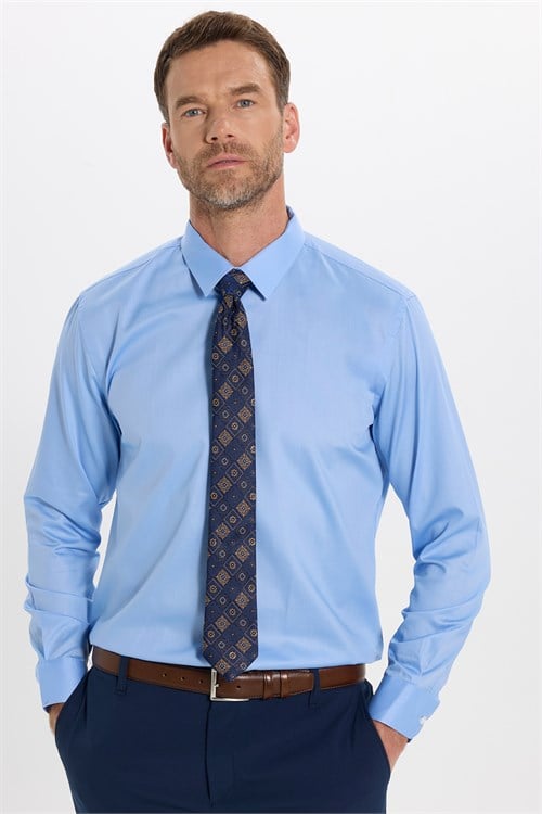 Erkek Slim Fit Dar Kesim Non-Iron Uzun Kollu Kravatlık Yaka Pamuklu Açık Mavi Gömlek