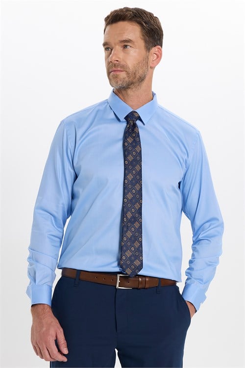 Erkek Slim Fit Dar Kesim Non-Iron Uzun Kollu Kravatlık Yaka Pamuklu Açık Mavi Gömlek