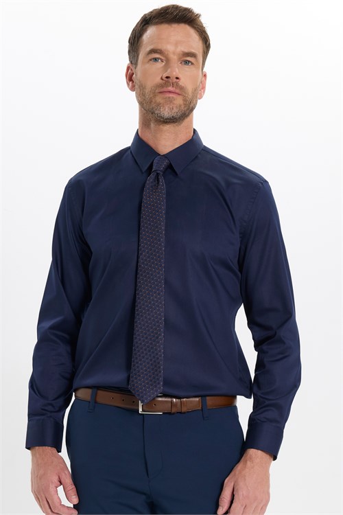 Erkek Slim Fit Dar Kesim Non-Iron Uzun Kollu Kravatlık Yaka Pamuklu Lacivert Gömlek