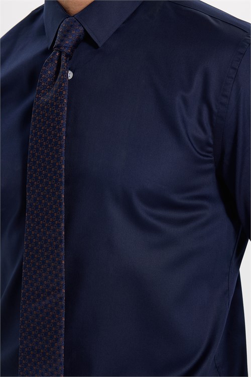 Erkek Slim Fit Dar Kesim Non-Iron Uzun Kollu Kravatlık Yaka Pamuklu Lacivert Gömlek
