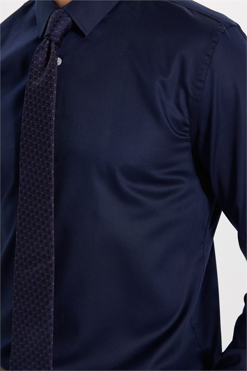 Erkek Slim Fit Dar Kesim Non-Iron Uzun Kollu Kravatlık Yaka Pamuklu Lacivert Gömlek