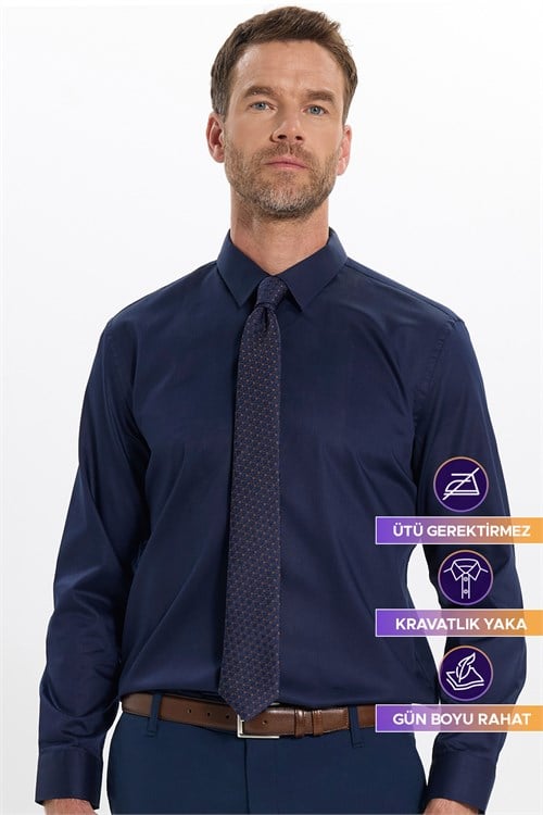 Erkek Slim Fit Dar Kesim Non-Iron Uzun Kollu Kravatlık Yaka Pamuklu Lacivert Gömlek
