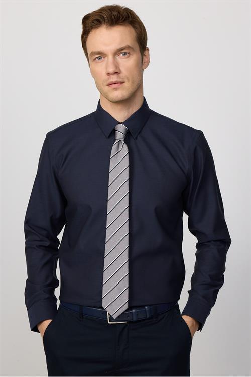 Erkek Slim Fit Non-Iron Pamuklu Ütü Gerektirmez Lacivert Gömlek