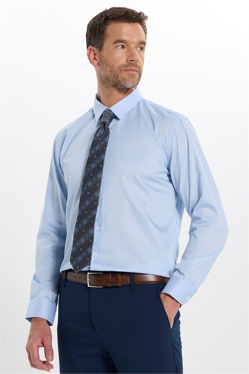 Erkek Slim Fit Dar Kesim Non-Iron Uzun Kollu Kravatlık Yaka Pamuklu Açık Mavi Gömlek