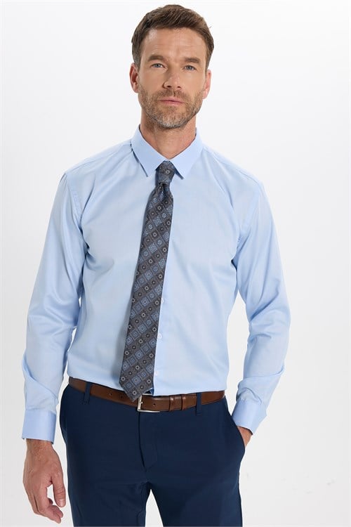Erkek Slim Fit Dar Kesim Non-Iron Uzun Kollu Kravatlık Yaka Pamuklu Açık Mavi Gömlek