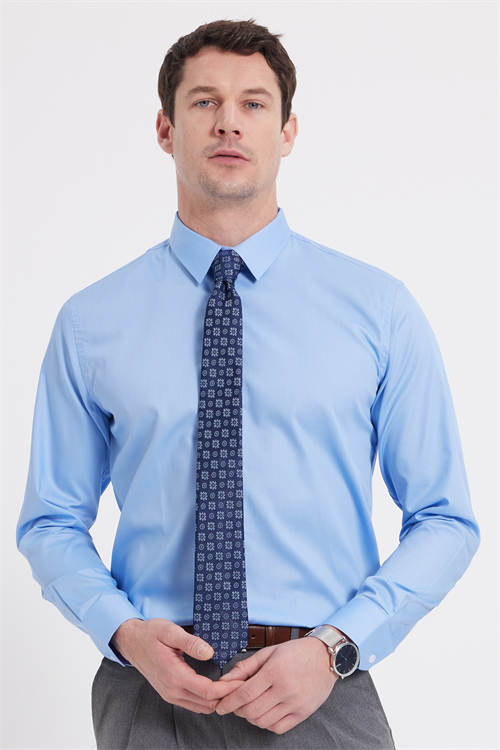 Erkek Slim Fit Non-Iron Pamuklu Ütü Gerektirmez Açık Mavi Gömlek