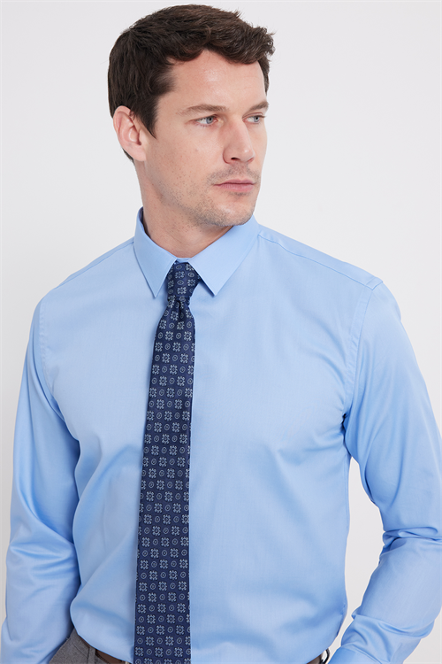 Erkek Slim Fit Non-Iron Pamuklu Ütü Gerektirmez Açık Mavi Gömlek