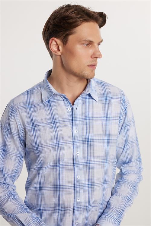 Erkek Slim Fit Dar Kesim %100 Pamuk Keten Doku Kareli Gömlek