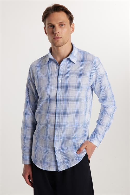 Erkek Slim Fit Dar Kesim %100 Pamuk Keten Doku Kareli Gömlek