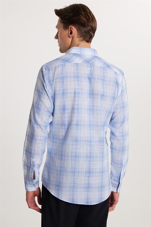 Erkek Slim Fit Dar Kesim %100 Pamuk Keten Doku Kareli Gömlek