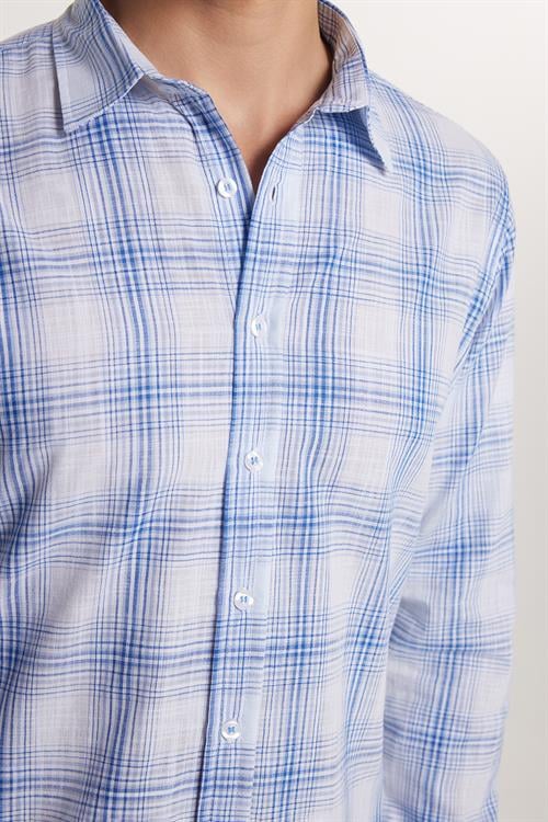 Erkek Slim Fit Dar Kesim %100 Pamuk Keten Doku Kareli Gömlek