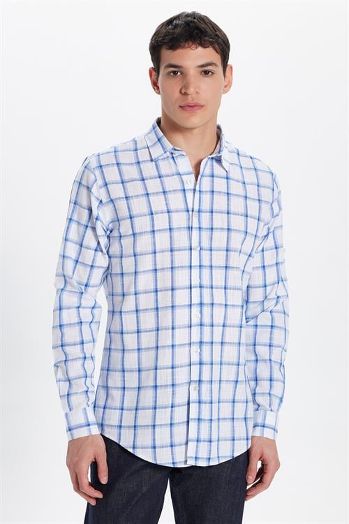 Erkek Slim Fit Dar Kesim %100 Pamuk Keten Doku Kareli Gömlek