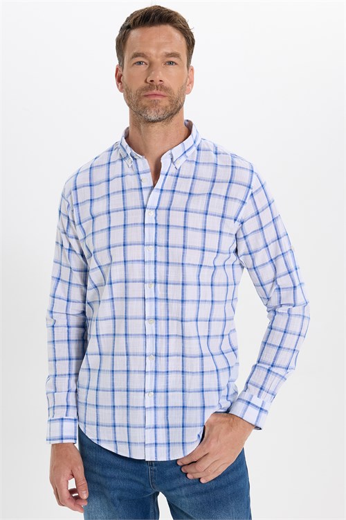Erkek Slim Fit Dar Kesim %100 Pamuk Keten Doku Kareli Gömlek