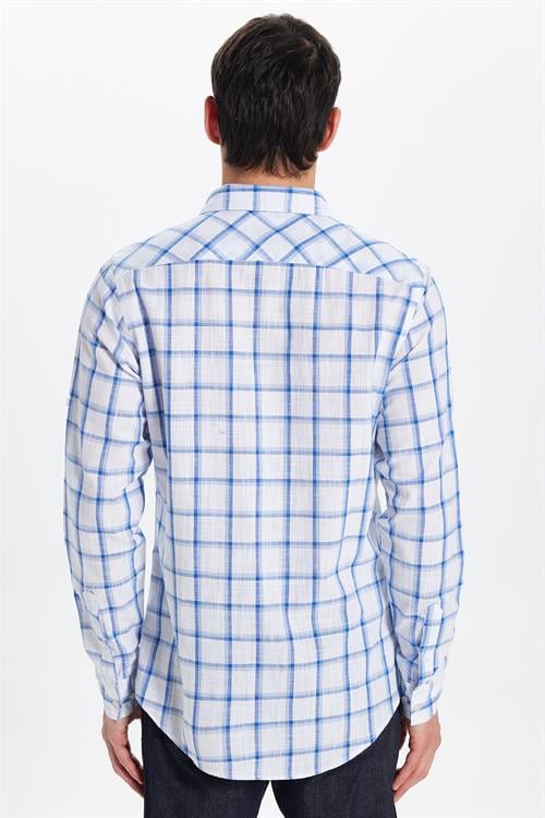 Erkek Slim Fit Dar Kesim %100 Pamuk Keten Doku Kareli Gömlek