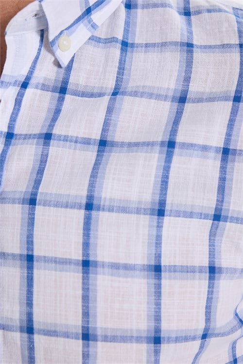 Erkek Slim Fit Dar Kesim %100 Pamuk Keten Doku Kareli Gömlek