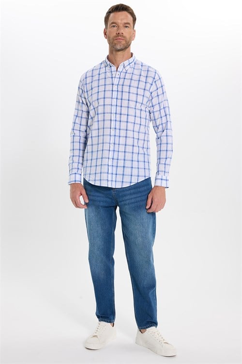 Erkek Slim Fit Dar Kesim %100 Pamuk Keten Doku Kareli Gömlek