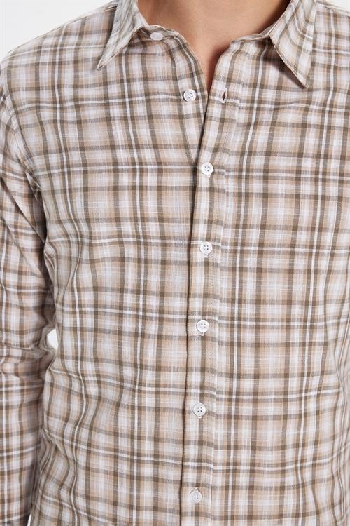 Erkek Slim Fit Dar Kesim %100 Pamuk Keten Doku Kareli Gömlek
