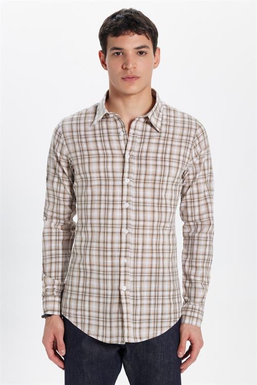 Erkek Slim Fit Dar Kesim %100 Pamuk Keten Doku Kareli Gömlek