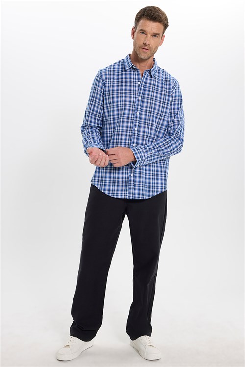 Erkek Slim Fit Dar Kesim %100 Pamuk Keten Doku Kareli Gömlek