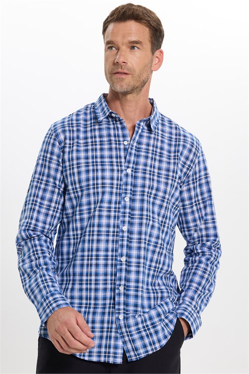 Erkek Slim Fit Dar Kesim %100 Pamuk Keten Doku Kareli Gömlek