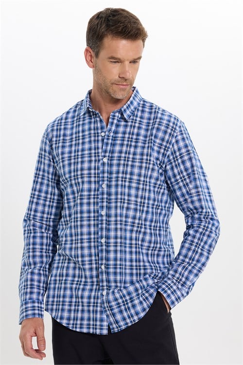 Erkek Slim Fit Dar Kesim %100 Pamuk Keten Doku Kareli Gömlek