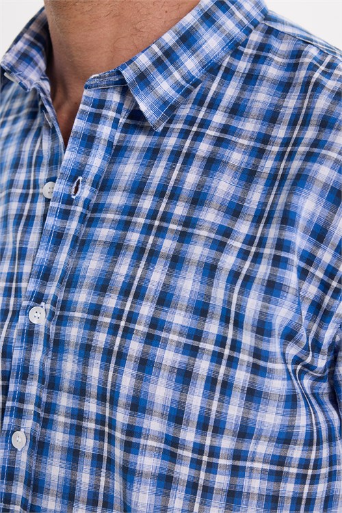 Erkek Slim Fit Dar Kesim %100 Pamuk Keten Doku Kareli Gömlek