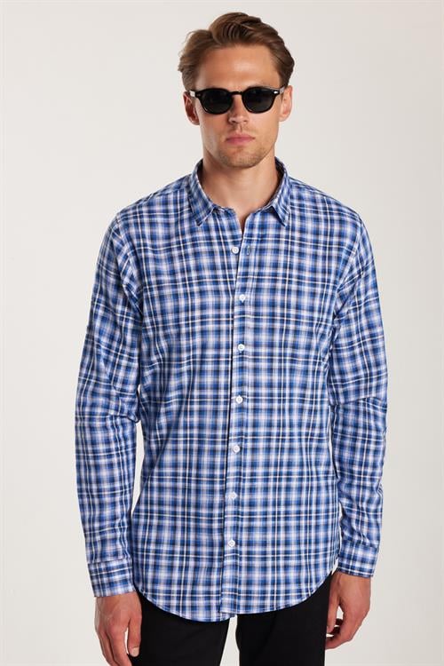 Erkek Slim Fit Dar Kesim %100 Pamuk Keten Doku Kareli Gömlek