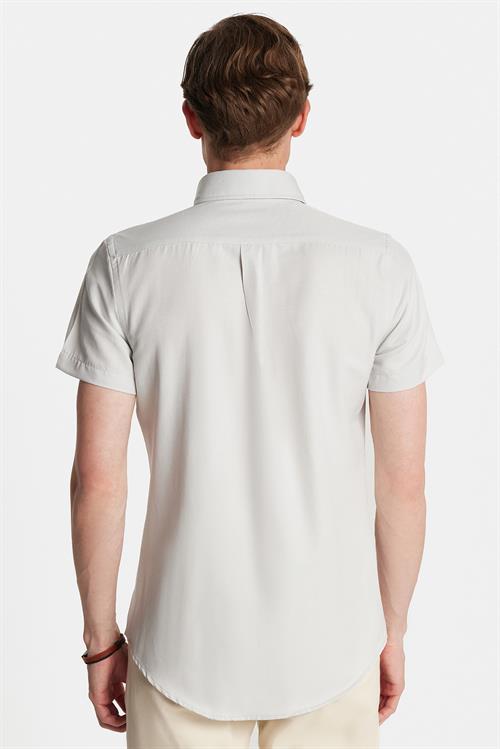 Erkek Slim Fit Dar Kesim Kısa Kollu Spor Yaka Oxford Doku Pamuklu Gri Gömlek