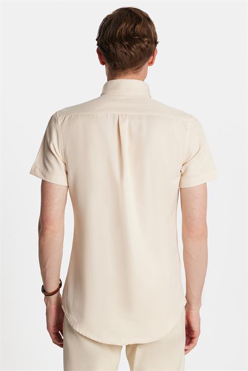 Erkek Slim Fit Dar Kesim Kısa Kollu Spor Yaka Oxford Doku Pamuklu Bej Gömlek