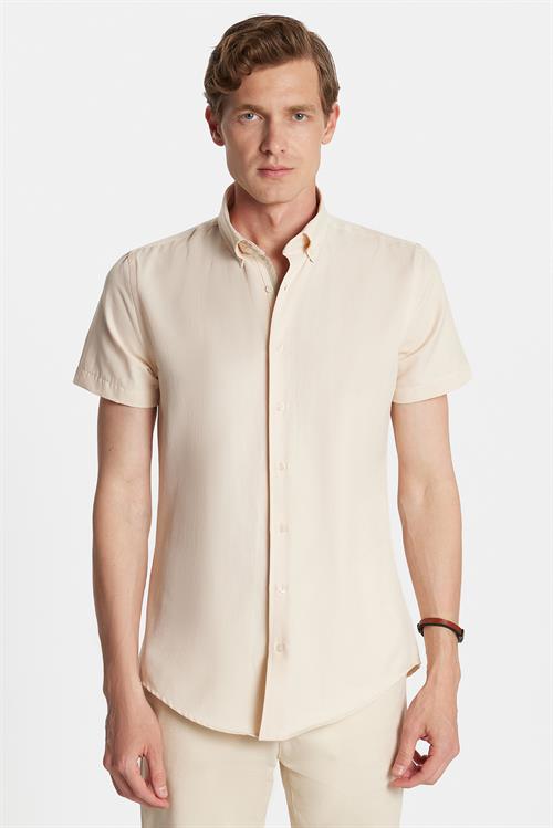 Erkek Slim Fit Dar Kesim Kısa Kollu Spor Yaka Oxford Doku Pamuklu Bej Gömlek