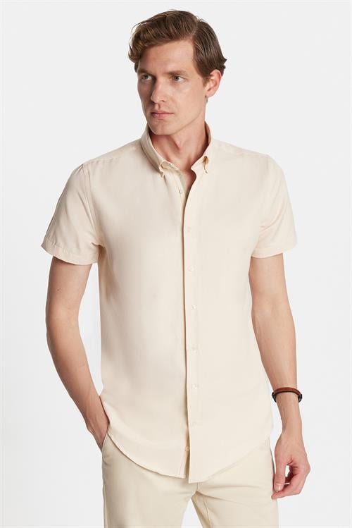 Erkek Slim Fit Dar Kesim Kısa Kollu Spor Yaka Oxford Doku Pamuklu Bej Gömlek