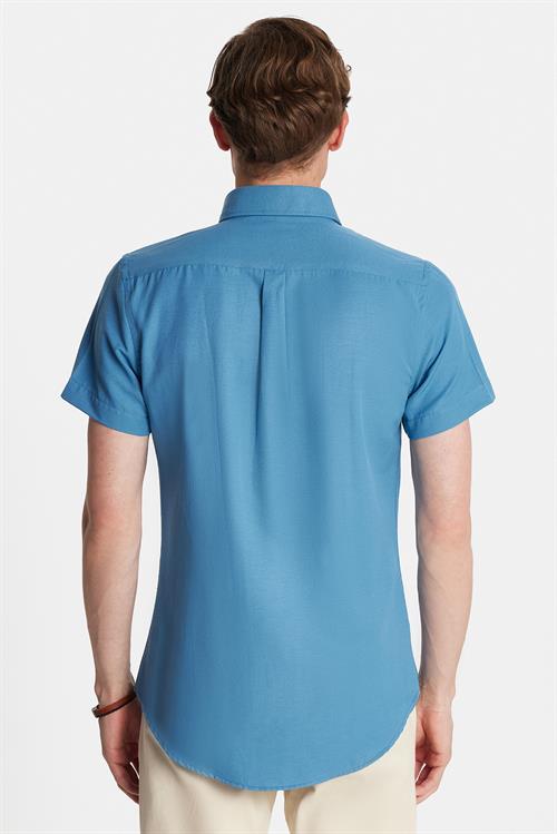 Erkek Slim Fit Dar Kesim Kısa Kollu Spor Yaka Oxford Doku Pamuklu İndigo Gömlek