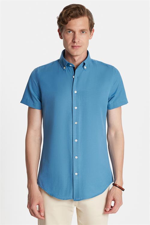 Erkek Slim Fit Dar Kesim Kısa Kollu Spor Yaka Oxford Doku Pamuklu İndigo Gömlek