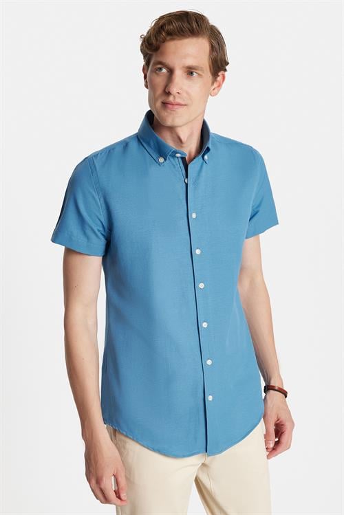 Erkek Slim Fit Dar Kesim Kısa Kollu Spor Yaka Oxford Doku Pamuklu İndigo Gömlek