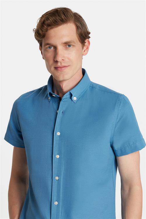 Erkek Slim Fit Dar Kesim Kısa Kollu Spor Yaka Oxford Doku Pamuklu İndigo Gömlek