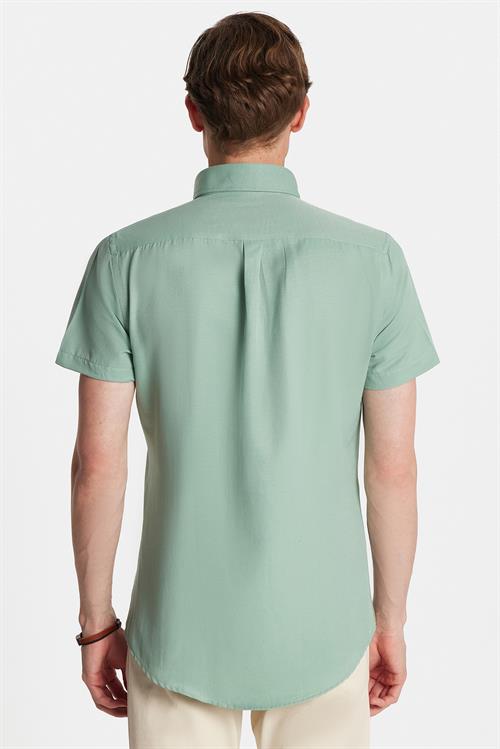 Erkek Slim Fit Dar Kesim Kısa Kollu Spor Yaka Oxford Doku Pamuklu Yeşil Gömlek