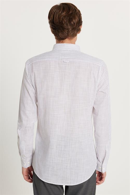 Erkek Slim Fit Dar Kesim Düğmeli Spor Yaka Keten Efekt %100 Pamuk Haki Çizgili Yazlık Gömlek