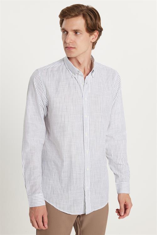 Erkek Slim Fit Dar Kesim Düğmeli Spor Yaka Keten Efekt %100 Pamuk Yeşil Çizgili Yazlık Gömlek