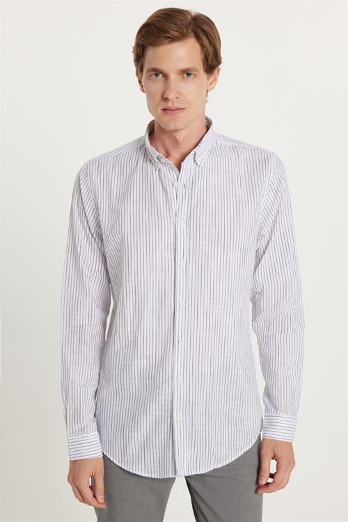 Erkek Slim Fit Dar Kesim Düğmeli Spor Yaka Keten Efekt %100 Pamuk Lacivert Çizgili Yazlık Gömlek