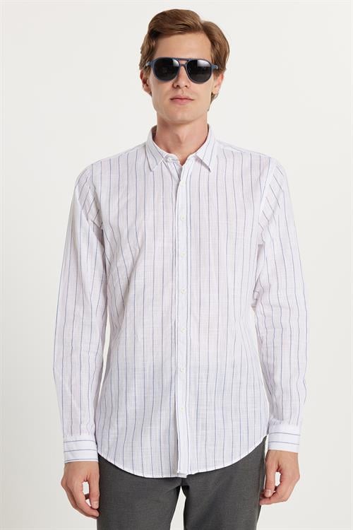 Erkek Slim Fit Dar Kesim Düğmeli Spor Yaka Keten Efekt %100 Pamuk Mavi Çizgili Yazlık Gömlek