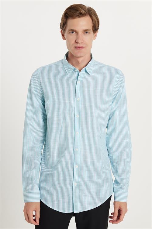 Erkek Slim Fit Dar Kesim Düğmeli Spor Yaka Keten Efekt %100 Pamuk Çizgili Yazlık Yeşil Gömlek