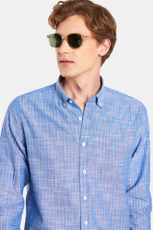 Erkek Slim Fit Dar Kesim Düğmeli Spor Yaka Keten Efekt %100 Pamuk Çizgili Yazlık Lacivert Gömlek