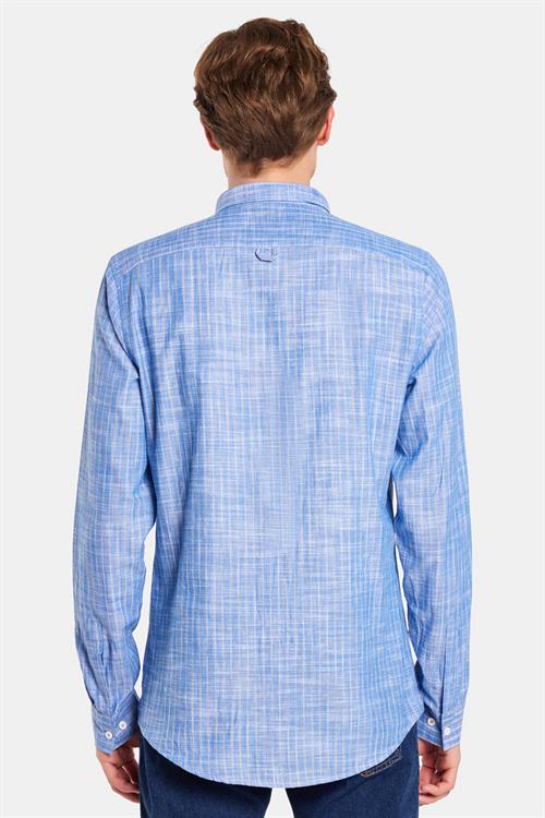 Erkek Slim Fit Dar Kesim Düğmeli Spor Yaka Keten Efekt %100 Pamuk Çizgili Yazlık Lacivert Gömlek