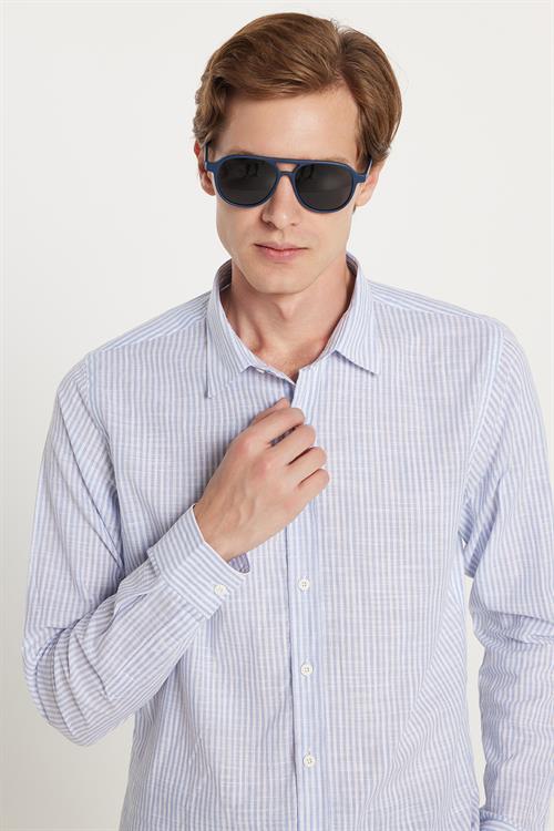 Erkek Slim Fit Dar Kesim Düğmeli Spor Yaka Keten Efekt %100 Pamuk Mavi Çizgili Yazlık Gömlek